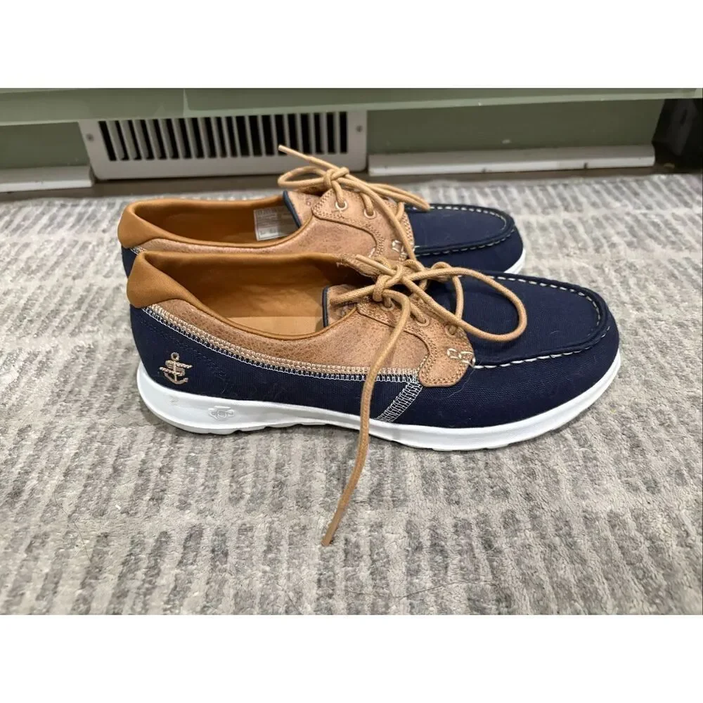 Skechers Mens Air Cooled Goga Mat Boat Shoes Lace-Up Comfort Navy Blue Size 8.5